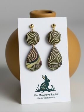 Crimson Ecru Green Swirl Large Handmade Polymer Clay Dangle Earrings w SS Posts